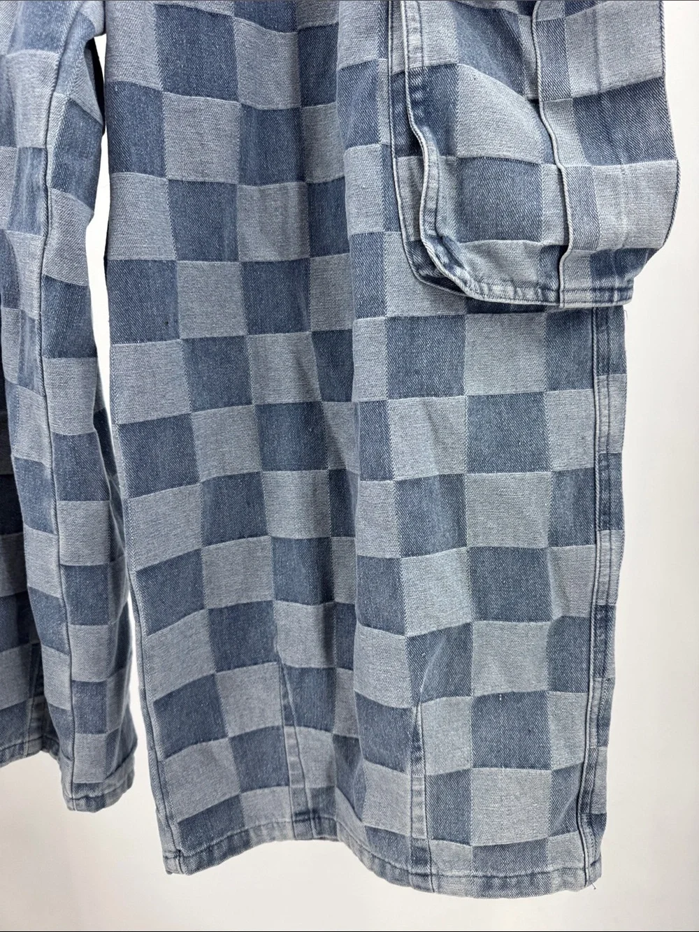 Bibi Checkerboard Denim Cargo wide leg barrel Jeans Pants Two-Tone Blue XL denim - Picture 7 of 11